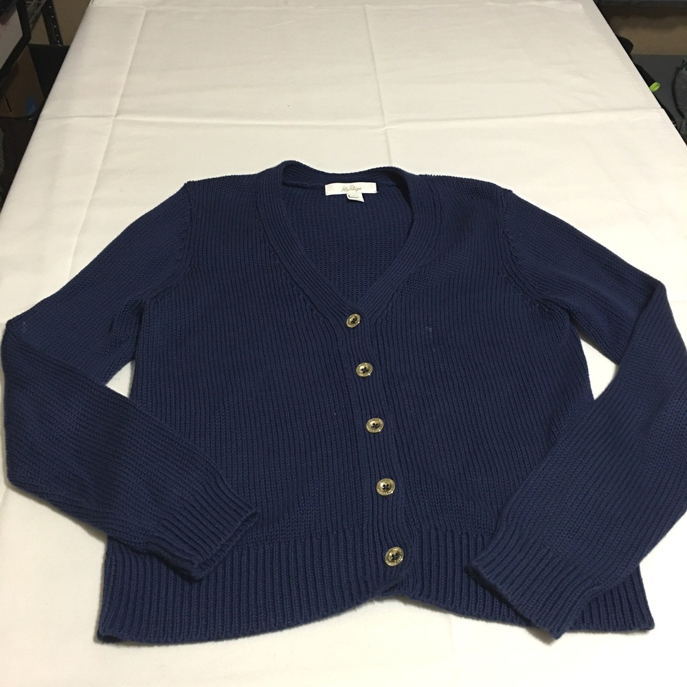 Lilly Pulitzer Tippery Cardigan Sweater Womens Medium Navy Blue V-Neck Button
